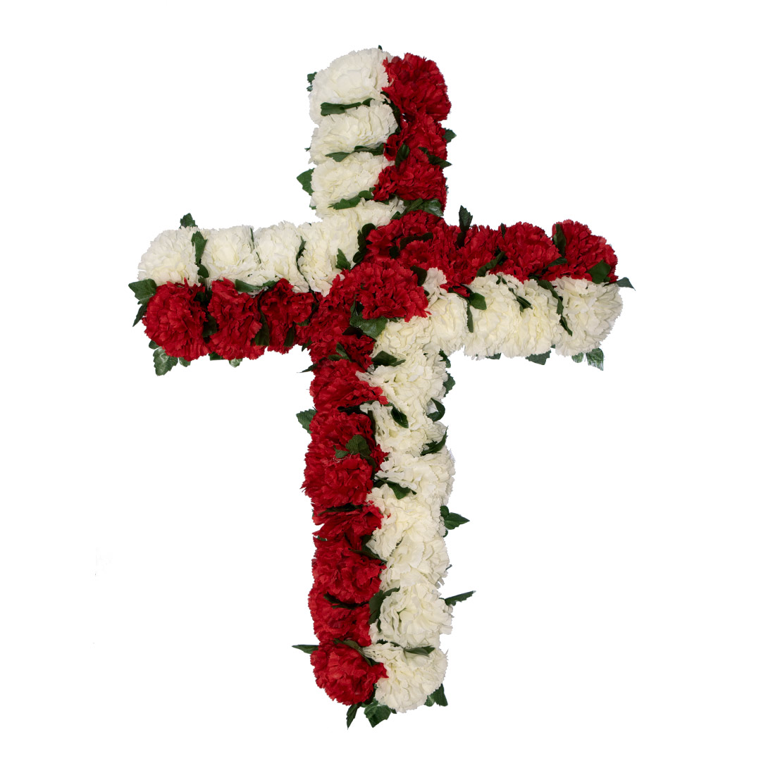 Σταυρός για μνήμα με πλαστικά λουλούδια από άσπρο και κόκκινο Γαρύφαλλο σε πλαστική βάση