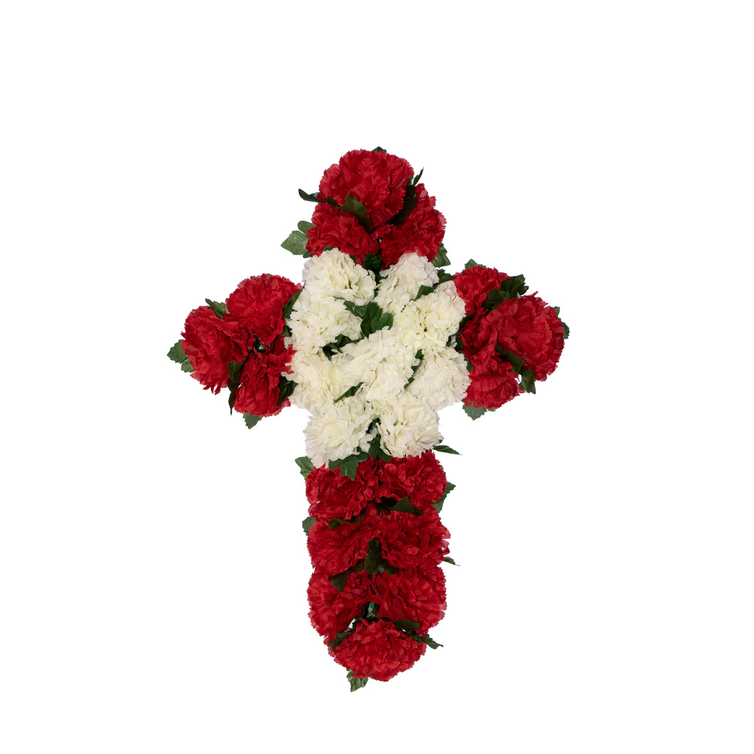 Σταυρός με ψεύτικα λουλούδια για το μνήμα από κόκκινο και άσπρο Γαρύφαλλο σε πλαστική βάση