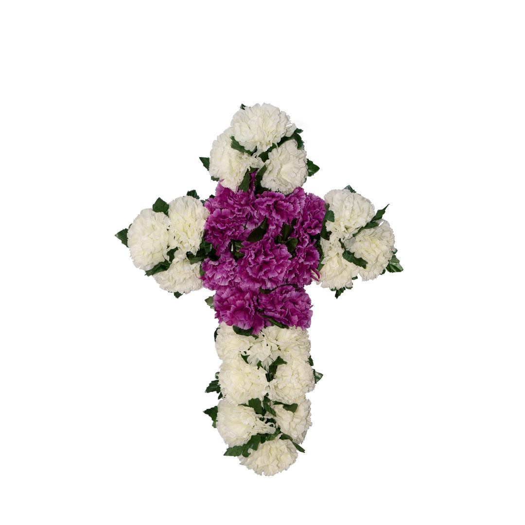 Σταυρός με ψεύτικα λουλούδια για το μνήμα από γαρύφαλλο σε πλαστική βάση