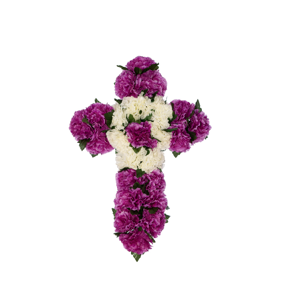 Σταυρός με ψεύτικα λουλούδια για το μνήμα από μωβ και άσπρο Γαρύφαλλο σε πλαστική βάση