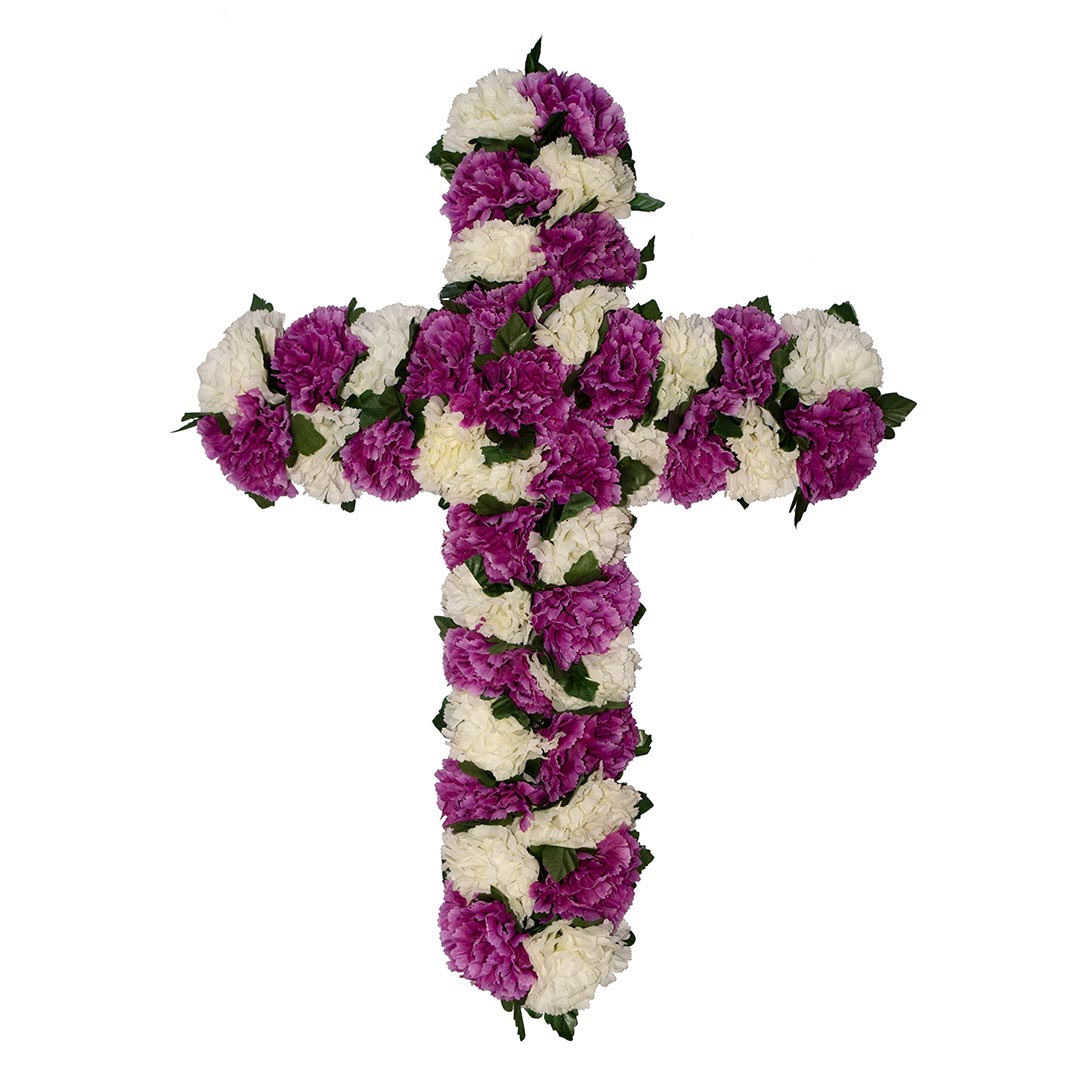 Σταυρός με πλαστικά λουλούδια για μνήματα από μωβ και άσπρο Γαρύφαλλο σε πλαστική βάση