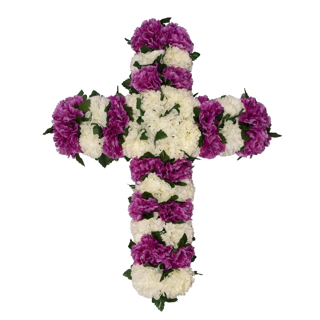 Σταυρός με ψεύτικα λουλούδια για μνήματα από μωβ και άσπρο Γαρύφαλλο σε πλαστική βάση