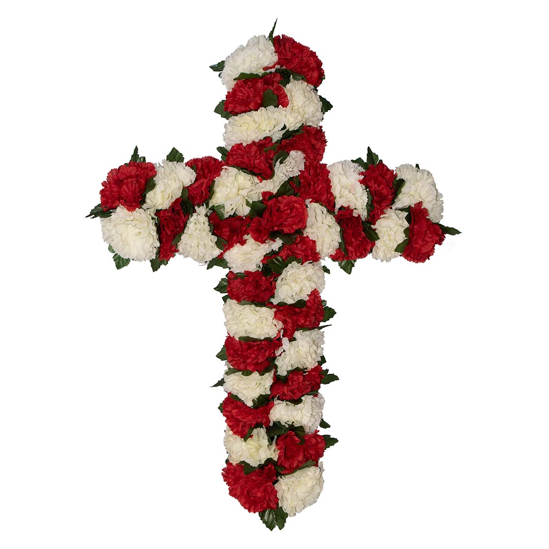 Σταυρός με πλαστικά λουλούδια για μνήματα από άσπρο και κόκκινο Γαρύφαλλο