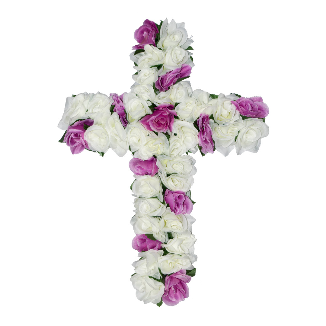 σταυρός με πλαστικά λουλούδια για μνήματα με άσπρο και μωβ Τριαντάφυλλο σε ανθεκτική βάση.