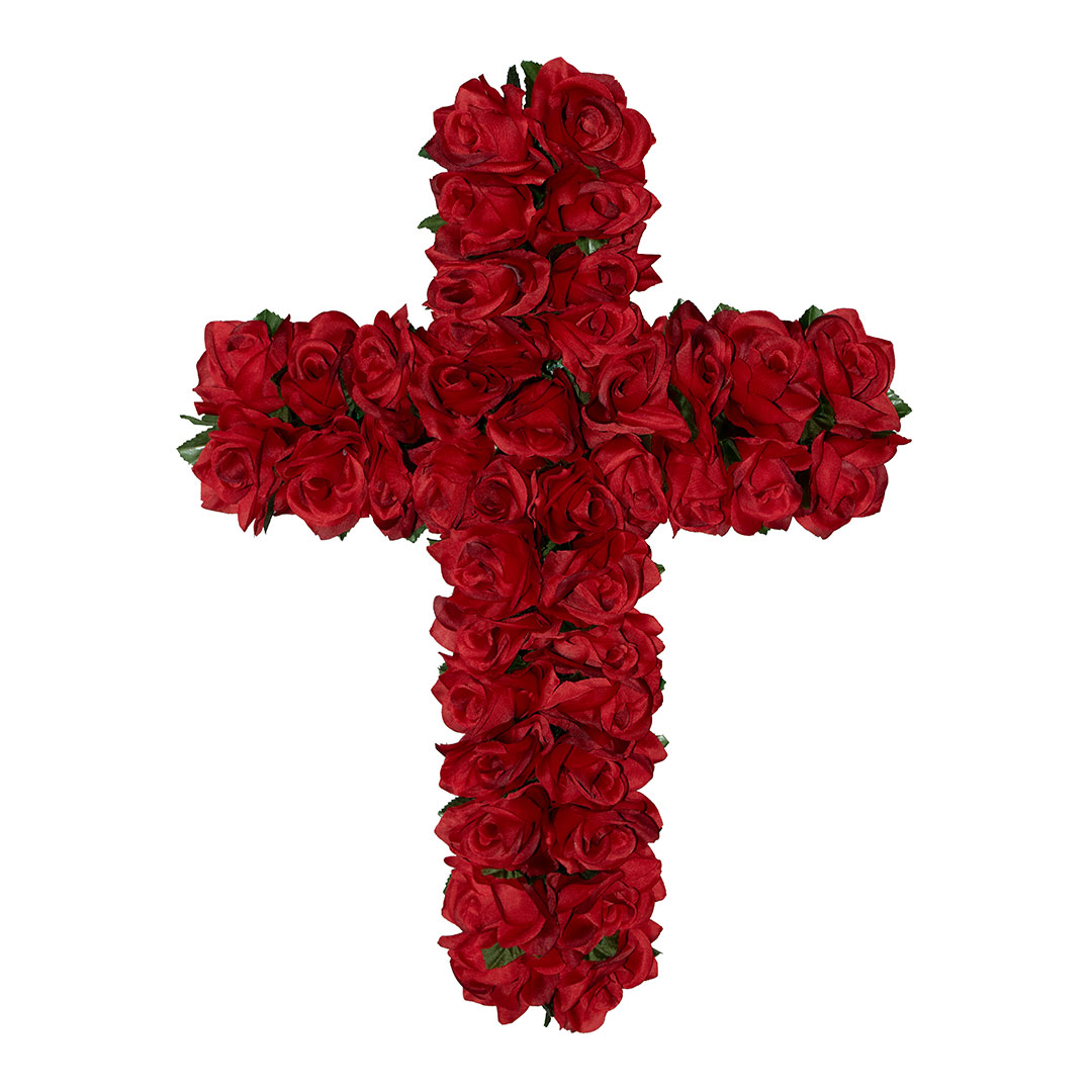 σταυρός με πλαστικά λουλούδια για μνήματα με άσπρο και κόκκινο Τριαντάφυλλο σε ανθεκτική βάση