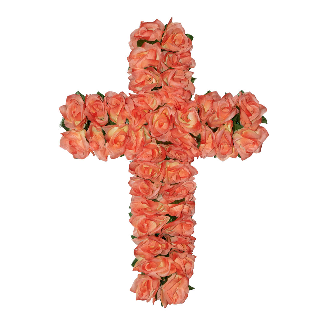 σταυρός με πλαστικά λουλούδια για μνήματα με σομόν Τριαντάφυλλο σε ανθεκτική βάση