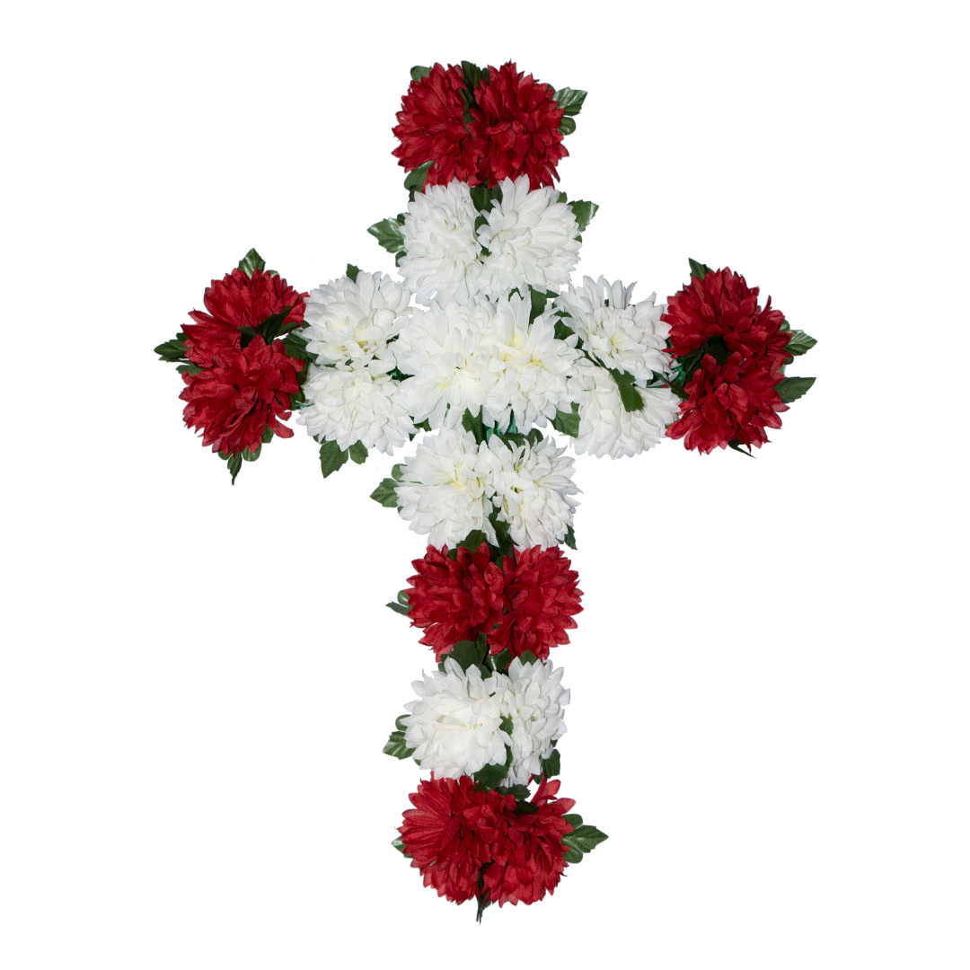 σταυρός με πλαστικά λουλούδια για μνήματα από άσπρο και κόκκινο Χρυσάνθεμο σε ανθεκτική βάση