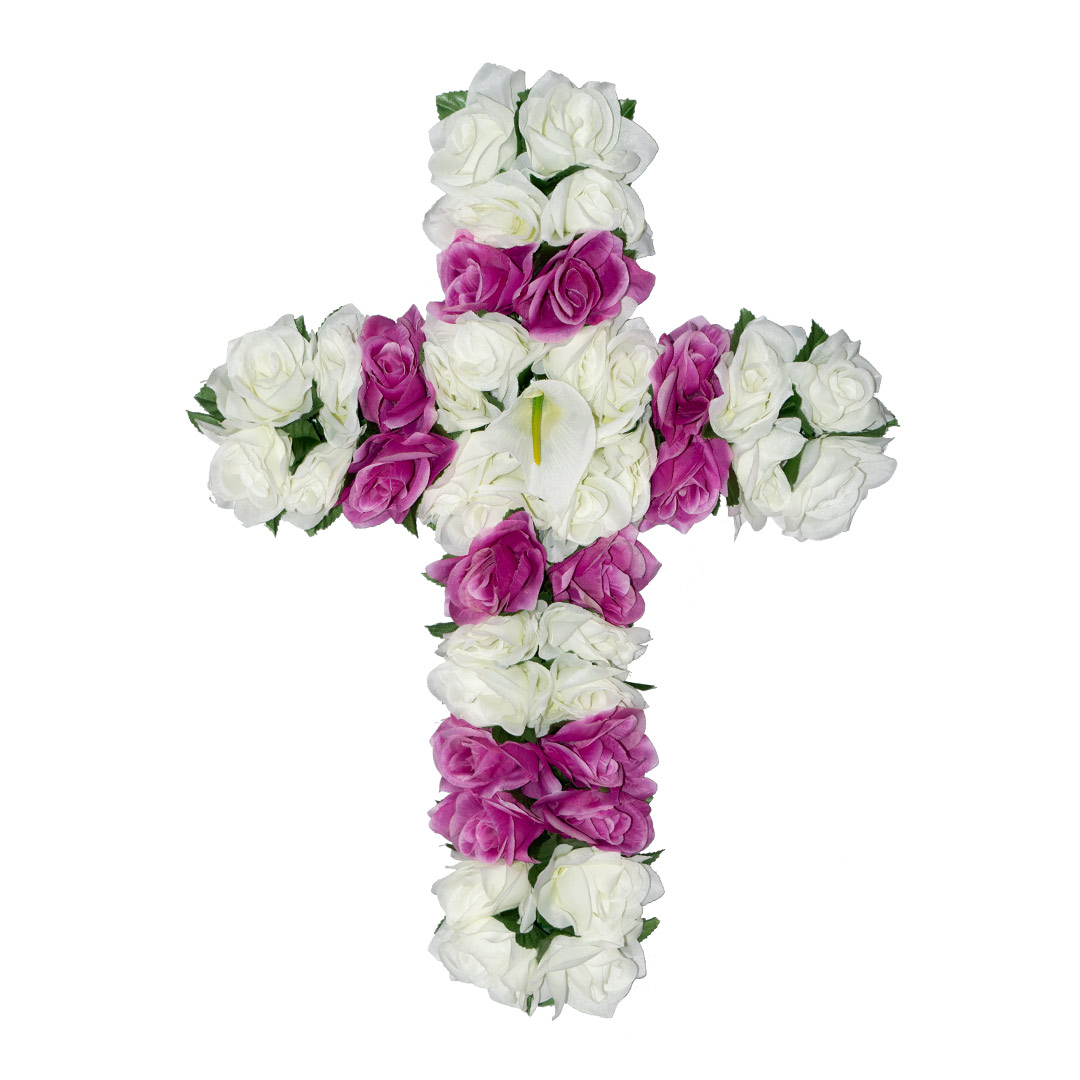 σταυρός με τεχνητά λουλούδια για μνήμα με άσπρο και μωβ Τριαντάφυλλο σε ανθεκτική βάση