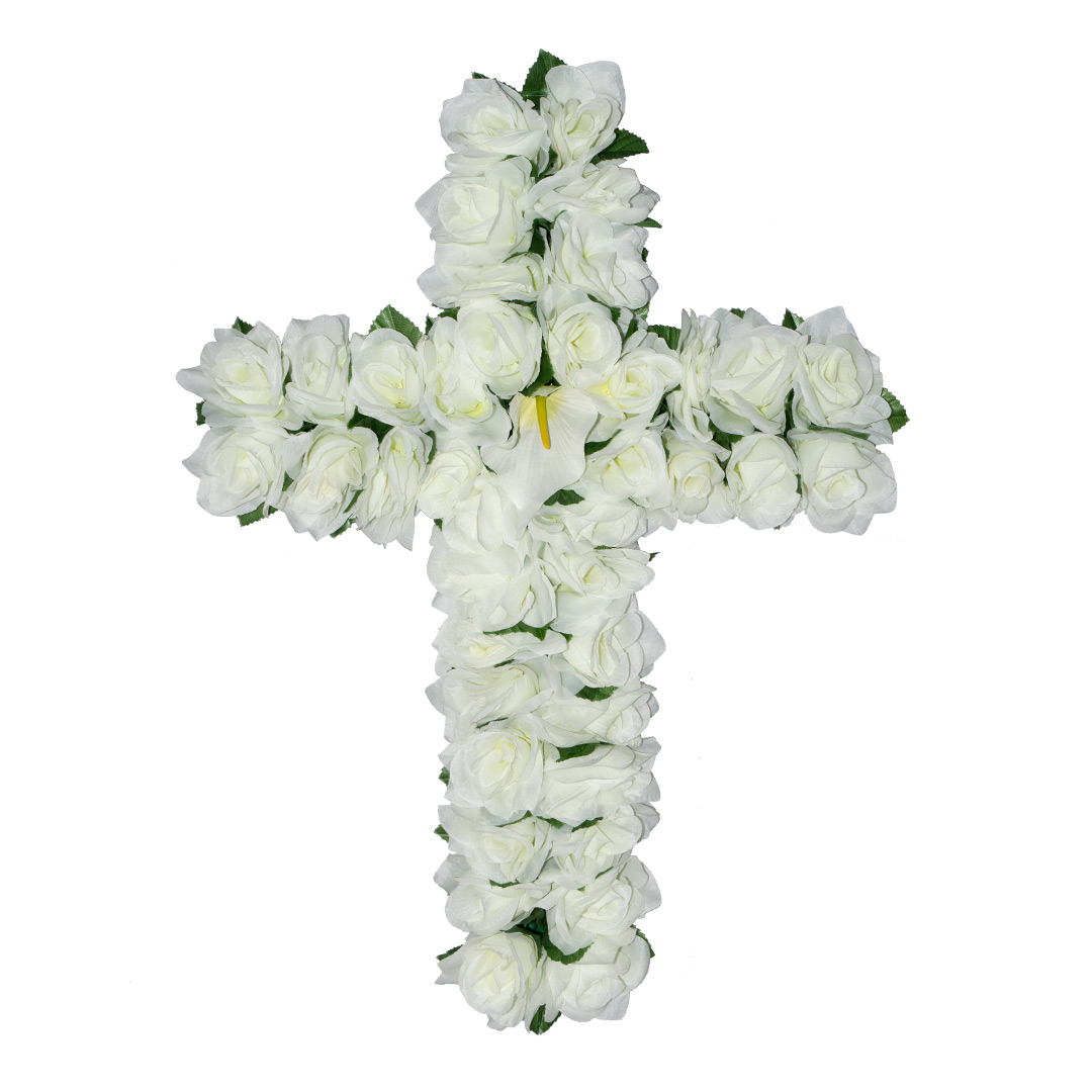 σταυρός με ψεύτικα λουλούδια για μνήματα με άσπρο Τριαντάφυλλο σε ανθεκτική βάση