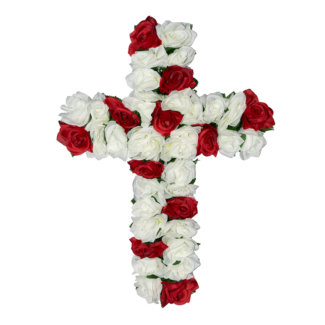 σταυρός με τεχνητά λουλούδια για μνήμα με άσπρο και κόκκινο Τριαντάφυλλο σε ανθεκτική βάση