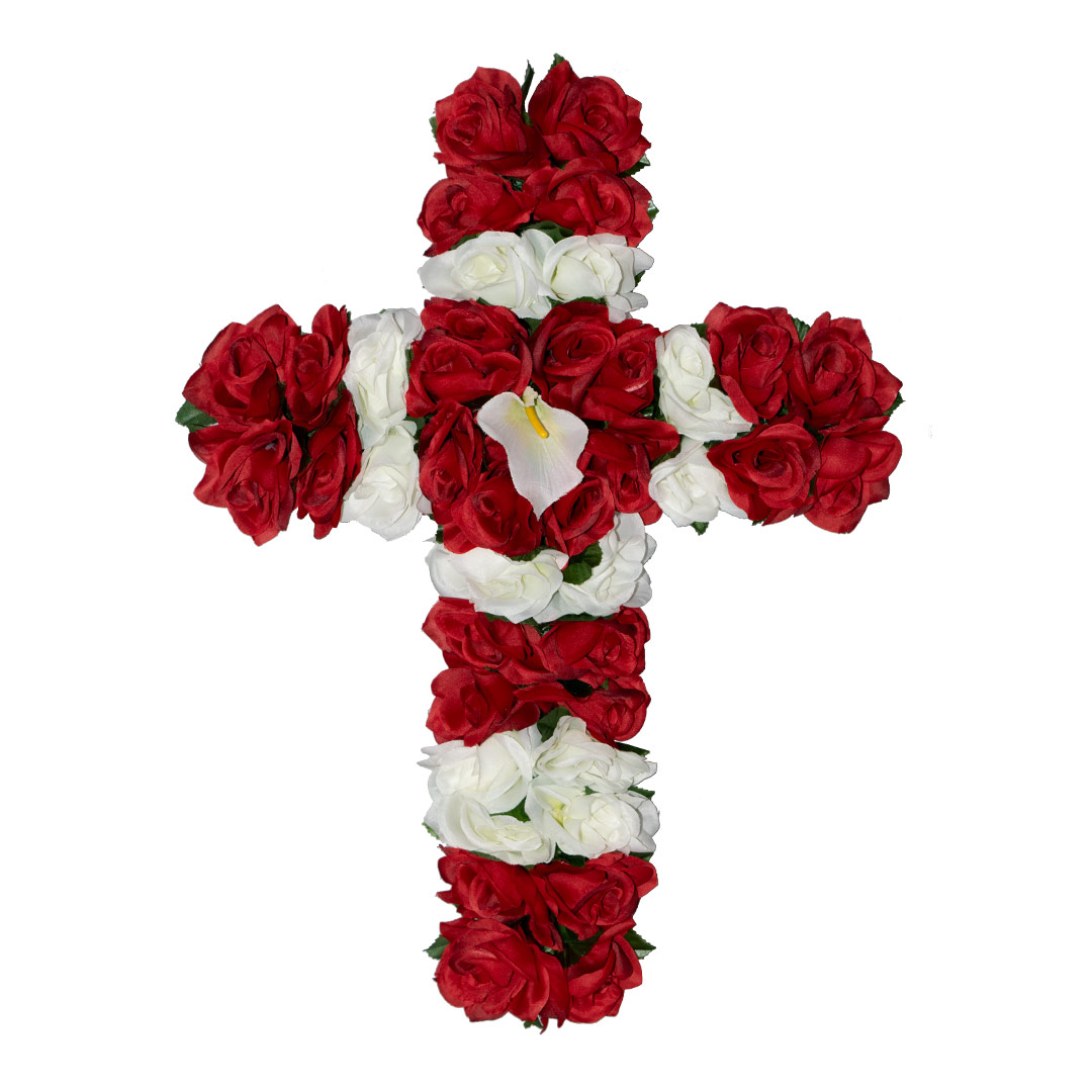 σταυρός με τεχνητά λουλούδια για μνήματα με άσπρο και κόκκινο Τριαντάφυλλο σε ανθεκτική βάση