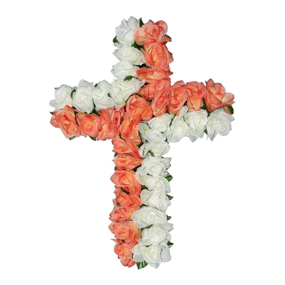 σταυρός με τεχνητά λουλούδια για μνήματα με άσπρο και σομόν Τριαντάφυλλο σε ανθεκτική βάση