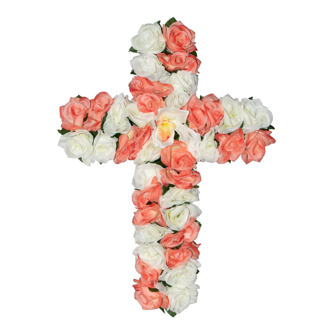 σταυρός με τεχνητά λουλούδια για μνήματα με άσπρο και σομόν Τριαντάφυλλο σε ανθεκτική βάση