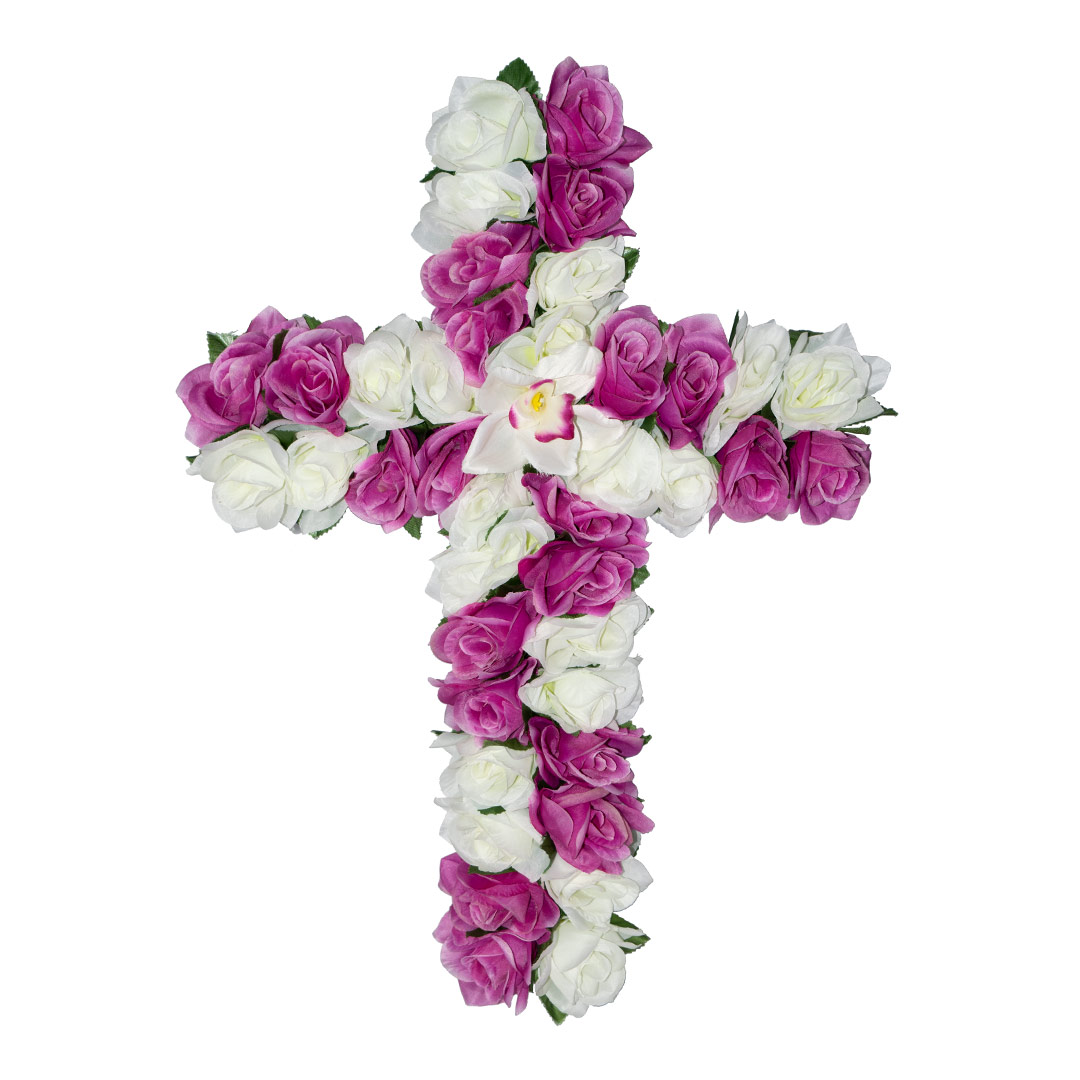 σταυρός με ψεύτικα λουλούδια για μνήματα με άσπρο και μωβ Τριαντάφυλλο σε ανθεκτική βάση.