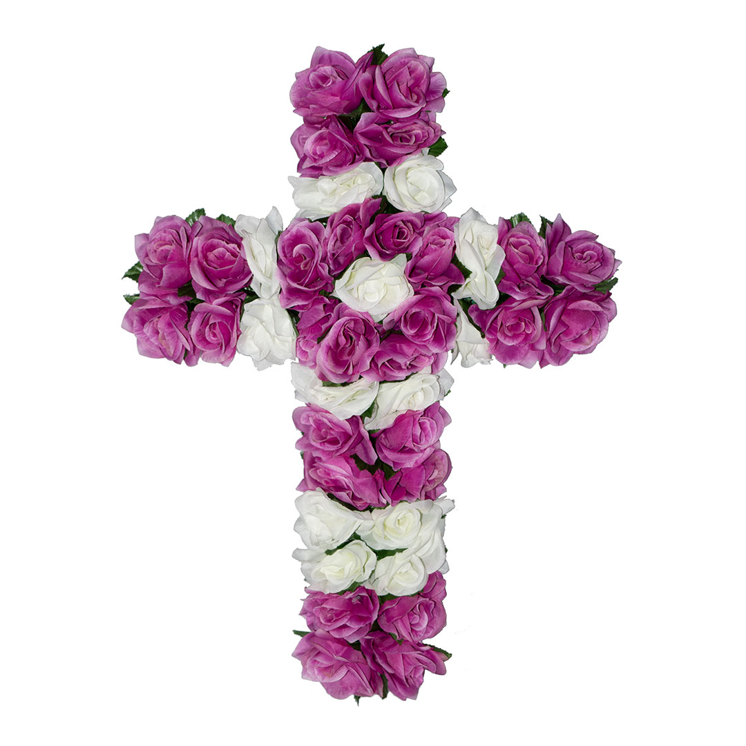 σταυρός με ψεύτικα λουλούδια για μνήματα με άσπρο και μωβ Τριαντάφυλλο σε ανθεκτική βάση.