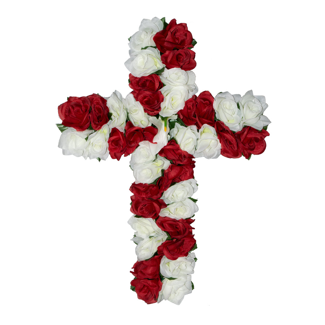 σταυρός με ψεύτικα λουλούδια για μνήμα με άσπρο και κόκκινο Τριαντάφυλλο σε ανθεκτική βάση