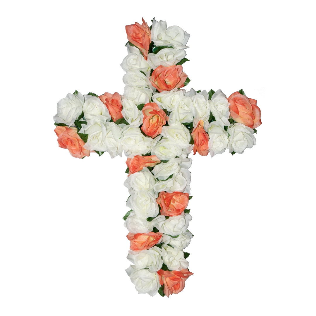 σταυρός με ψεύτικα λουλούδια για μνήματα με άσπρο και σομόν Τριαντάφυλλο σε ανθεκτική βάση