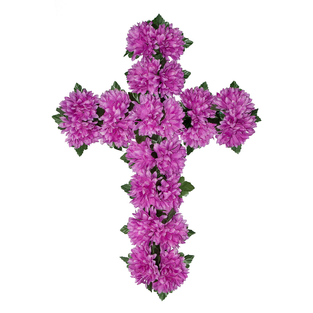 σταυρός με ψεύτικα λουλούδια για μνήματα από μωβ Χρυσάνθεμο σε ανθεκτική βάση