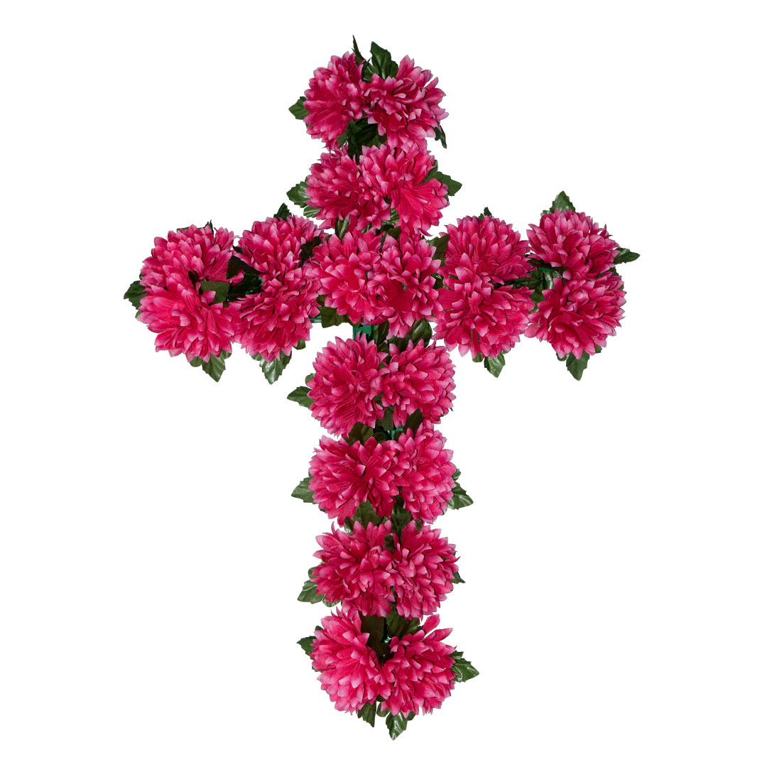 σταυρός με ψεύτικα λουλούδια για μνήματα από φούξια Χρυσάνθεμο σε ανθεκτική βάση