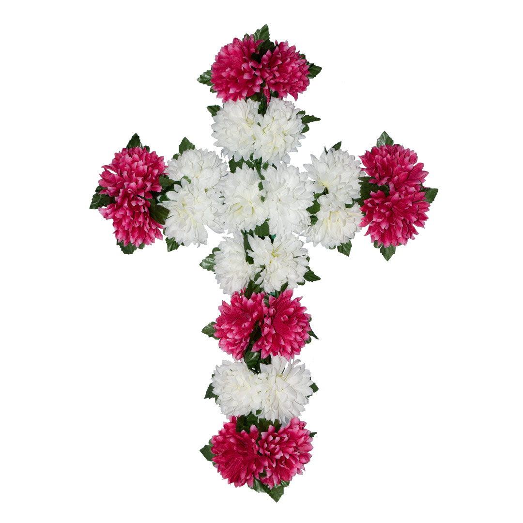 σταυρός με ψεύτικα λουλούδια για μνήματα από άσπρο και φούξια Χρυσάνθεμο σε ανθεκτική βάση