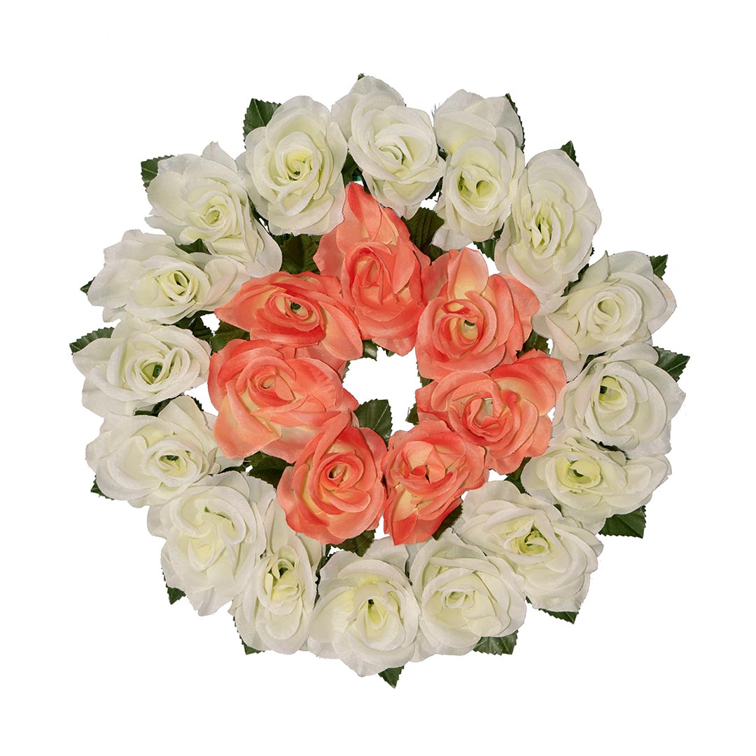 Στεφάνι με ψεύτικα λουλούδια για τάφους με άσπρο και σομόν Τριαντάφυλλο σε πλαστική βάση