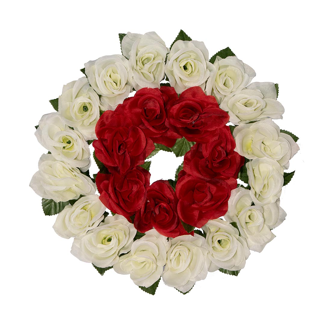 Στεφάνι με ψεύτικα λουλούδια για τάφους με άσπρο και κόκκινο Τριαντάφυλλο σε πλαστική βάση