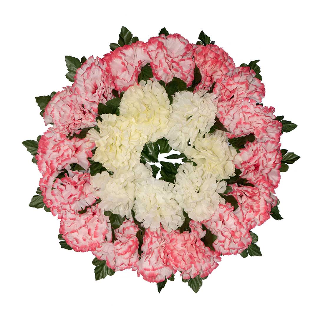 Στεφάνι με ψεύτικα λουλούδια από ροζ και άσπρο Γαρύφαλλο σε πλαστική βάση