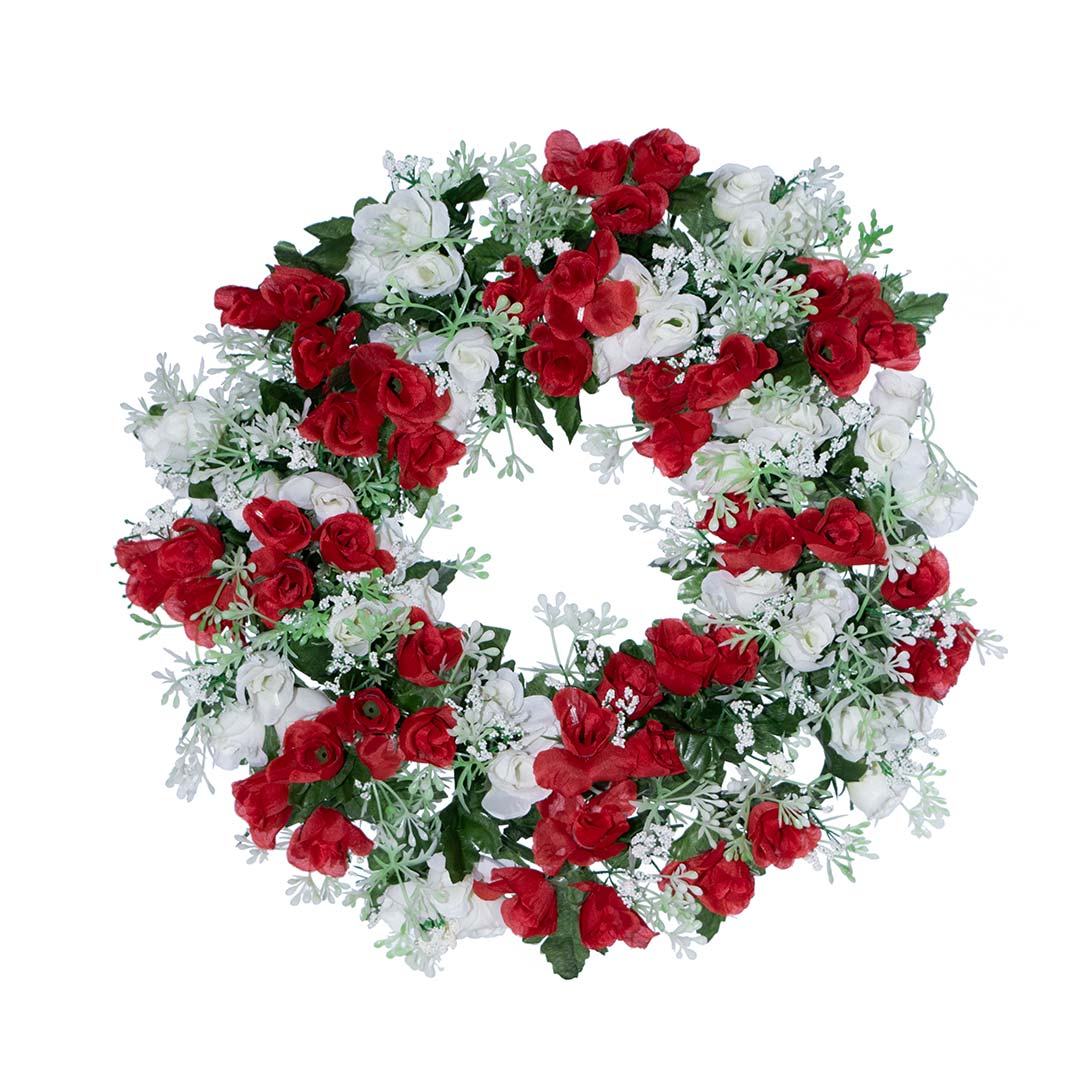 στεφάνι με πλαστικά λουλούδια από άσπρο και κόκκινο μπουμπούκι Τριανταφυλλάκι, ανθάκια και φύλλωμα σε ανθεκτική βάση.