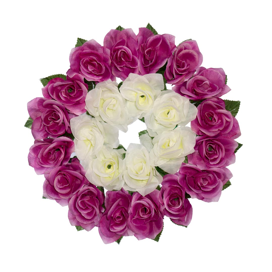 Στεφάνι με ψεύτικα λουλούδια από μωβ και άσπρο Τριαντάφυλλο σε πλαστική βάση
