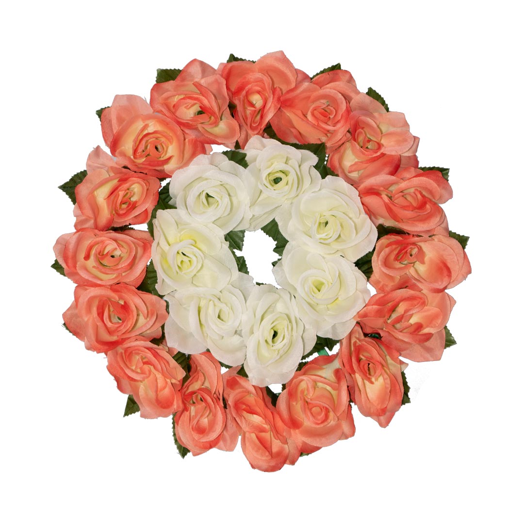 Στεφάνι με ψεύτικα λουλούδια από σομόν και άσπρο Τριαντάφυλλο σε πλαστική βάση