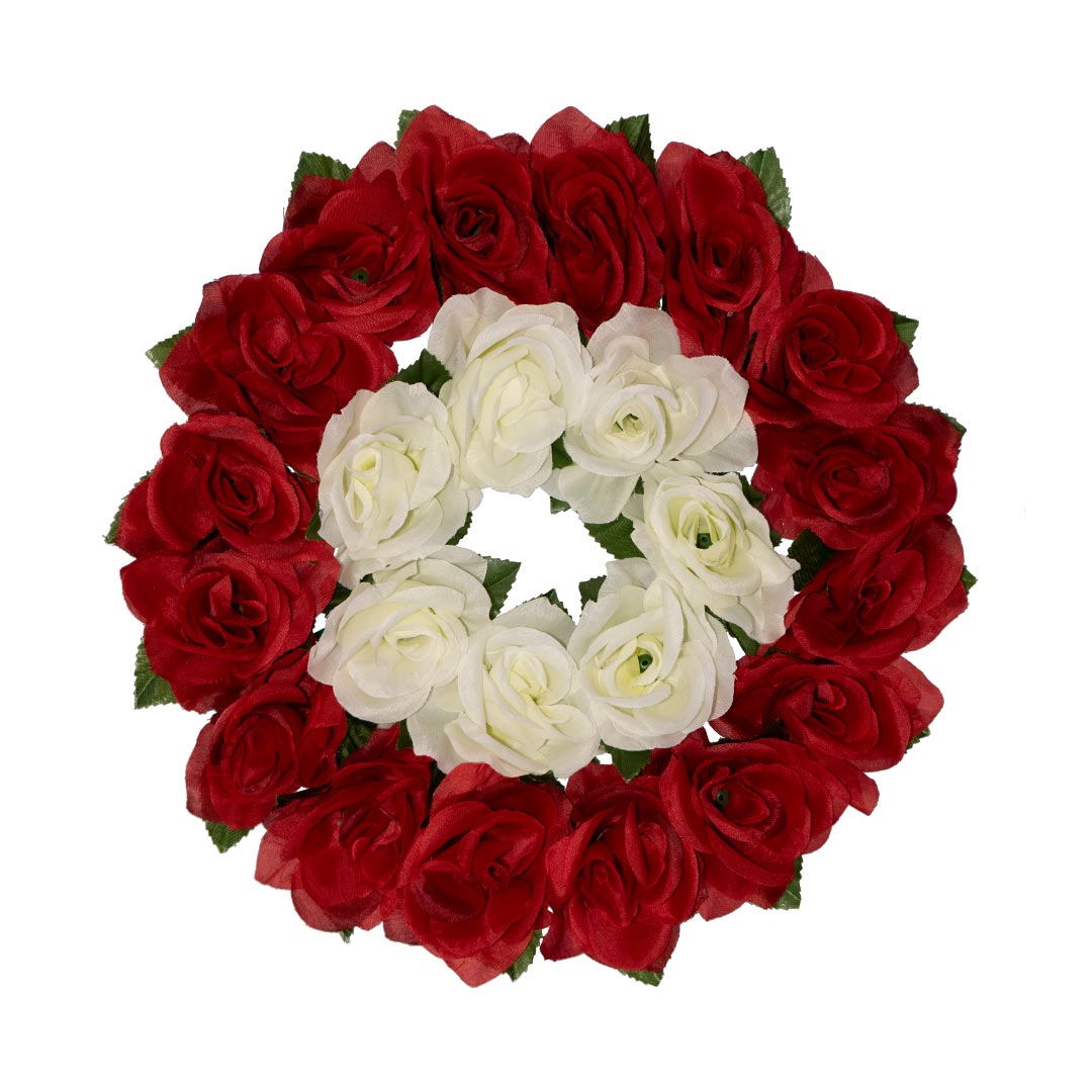 Στεφάνι με ψεύτικα λουλούδια από κόκκινο και άσπρο Τριαντάφυλλο σε πλαστική βάση