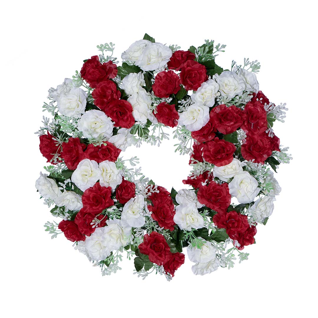 στεφάνι με πλαστικά λουλούδια από άσπρο και κόκκινο Τριανταφυλλάκι, ανθάκια και φύλλωμα σε ανθεκτική βάση.