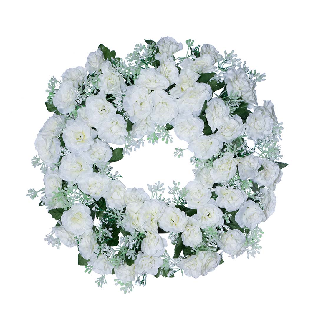 στεφάνι με τεχνητά λουλούδια από άσπρο Τριανταφυλλάκι, ανθάκια και φύλλωμα σε ανθεκτική βάση.