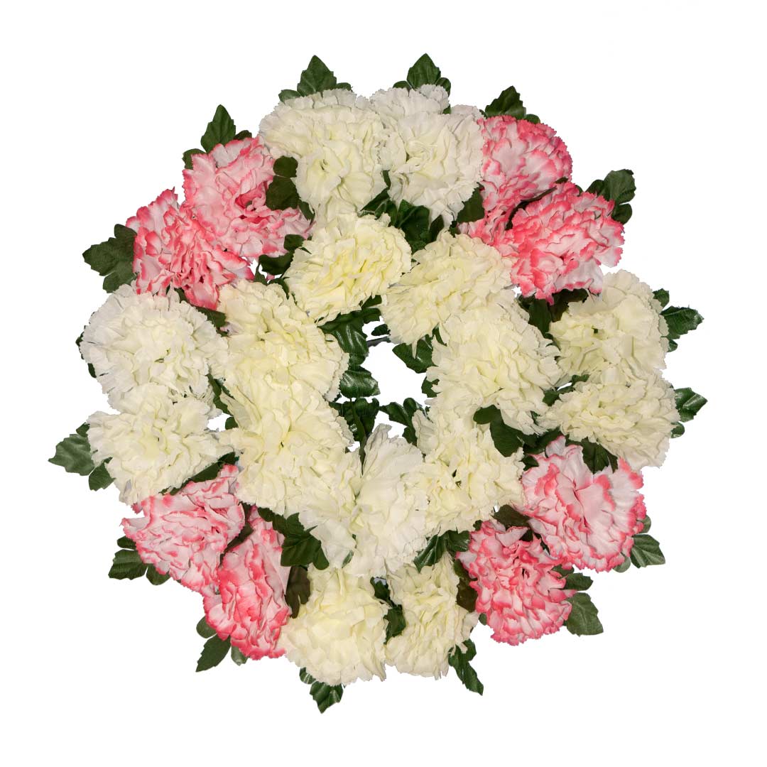 Στεφάνι με ψεύτικα λουλούδια από άσπρο και ροζ Γαρύφαλλο σε πλαστική βάση