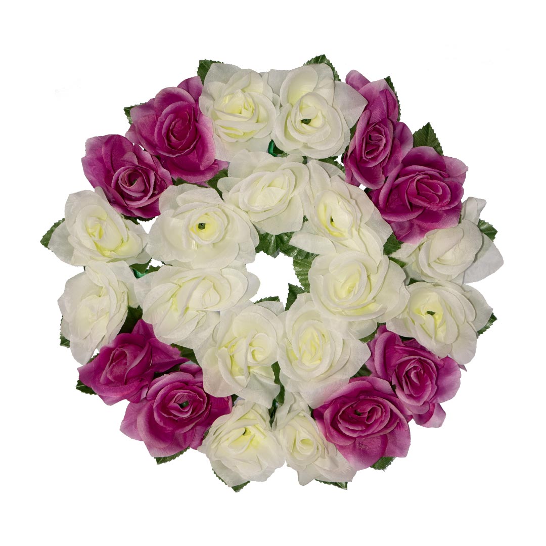 Στεφάνι με ψεύτικα λουλούδια από άσπρο και μωβ Τριαντάφυλλο σε πλαστική βάση