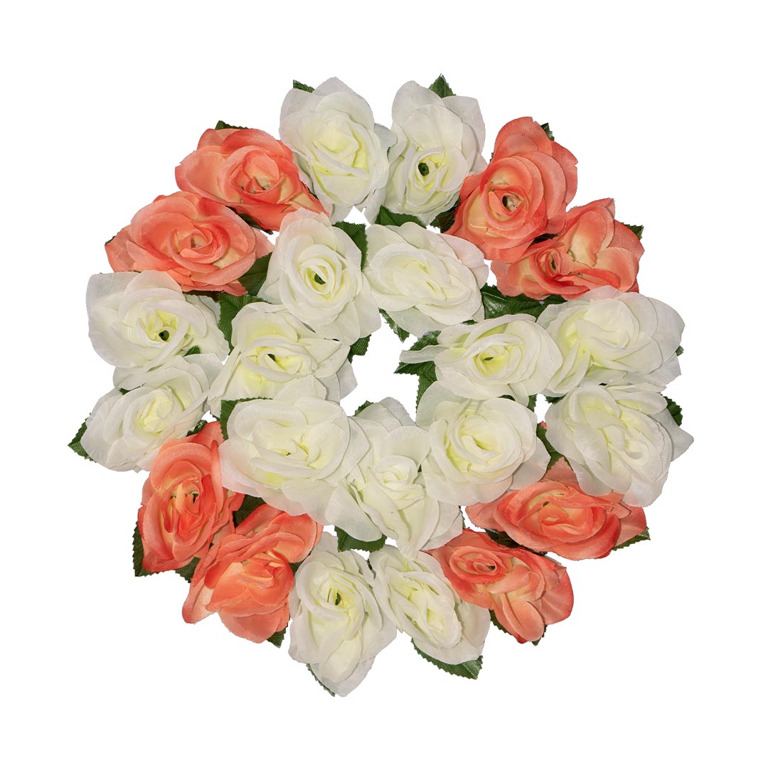 Στεφάνι με ψεύτικα λουλούδια από άσπρο και σομόν Τριαντάφυλλο σε πλαστική βάση