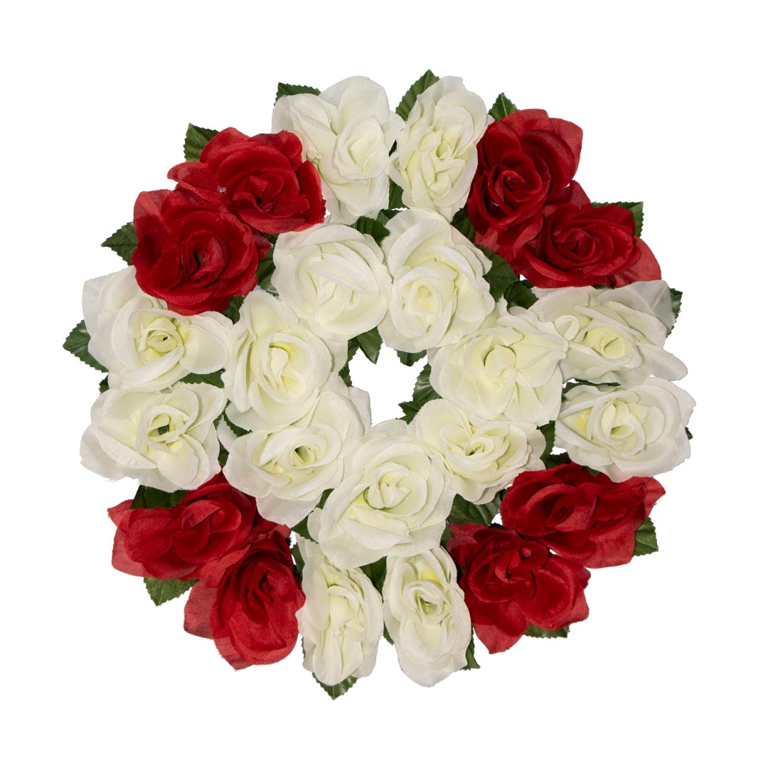 Στεφάνι με ψεύτικα λουλούδια από άσπρο και κόκκινο Τριαντάφυλλο σε πλαστική βάση