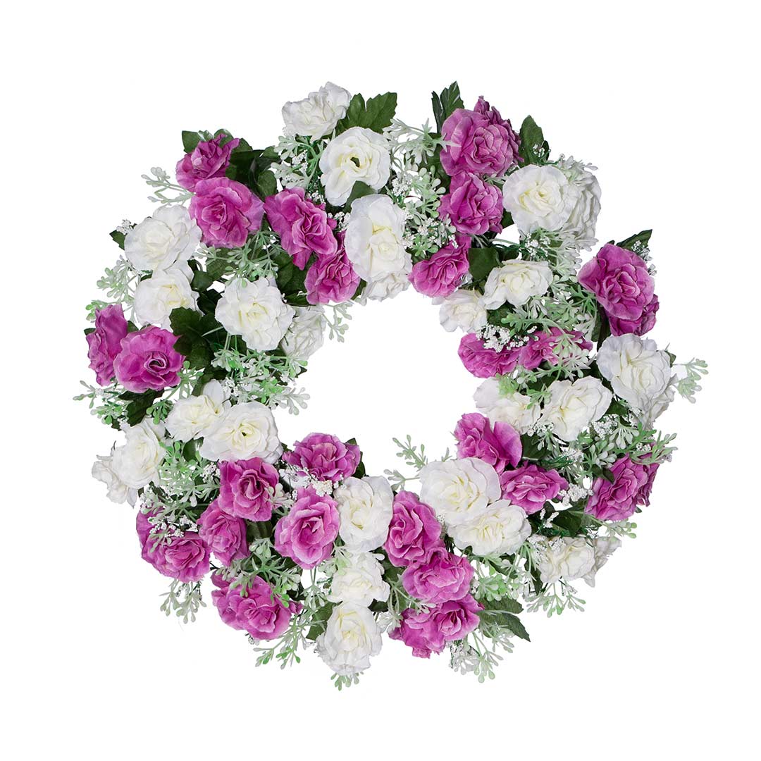 στεφάνι με ψεύτικα λουλούδια από άσπρο και μωβ Τριανταφυλλάκι, ανθάκια και φύλλωμα σε ανθεκτική βάση.