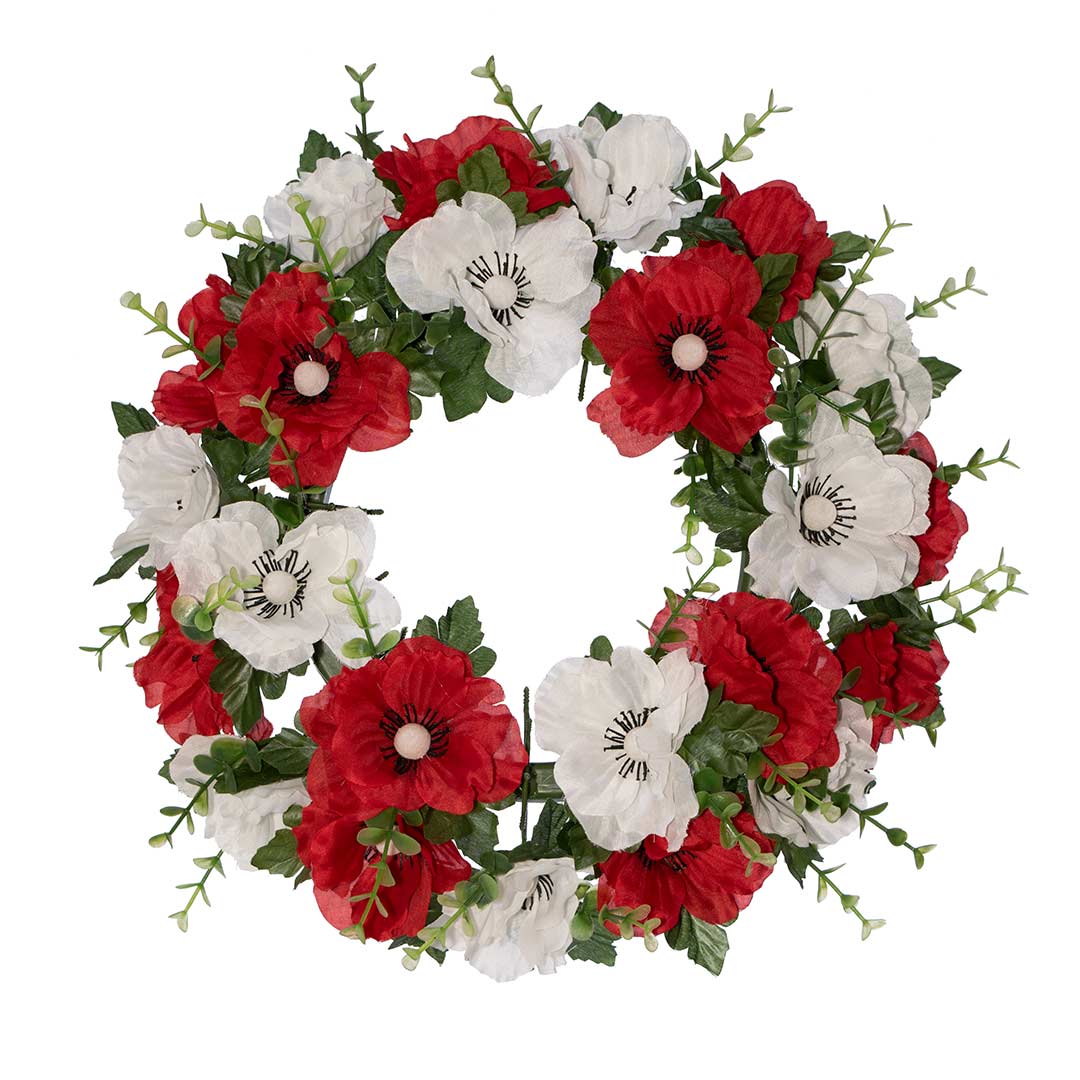 στεφάνι με ψεύτικα λουλούδια από άσπρη και κόκκινη Ανεμώνα σε πλαστική βάση