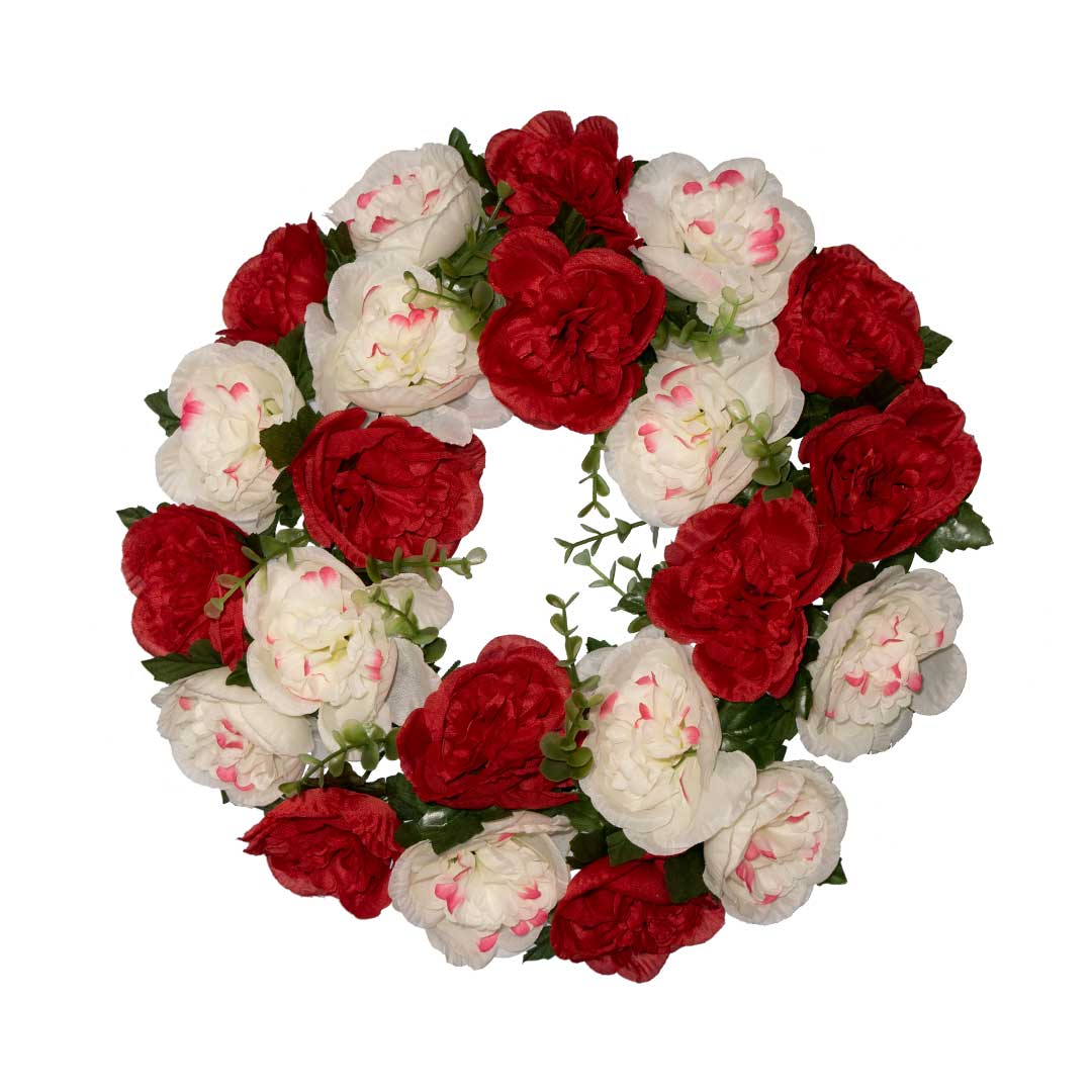 στεφάνι με ψεύτικα λουλούδια από άσπρη και κόκκινη Παιώνια