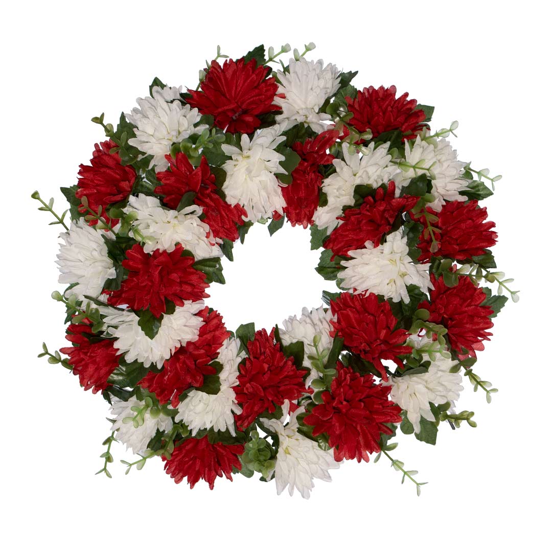 στεφάνι με ψεύτικα λουλούδια από άσπρα και κόκκινα Χρυσάνθεμα σε πλαστική βάση