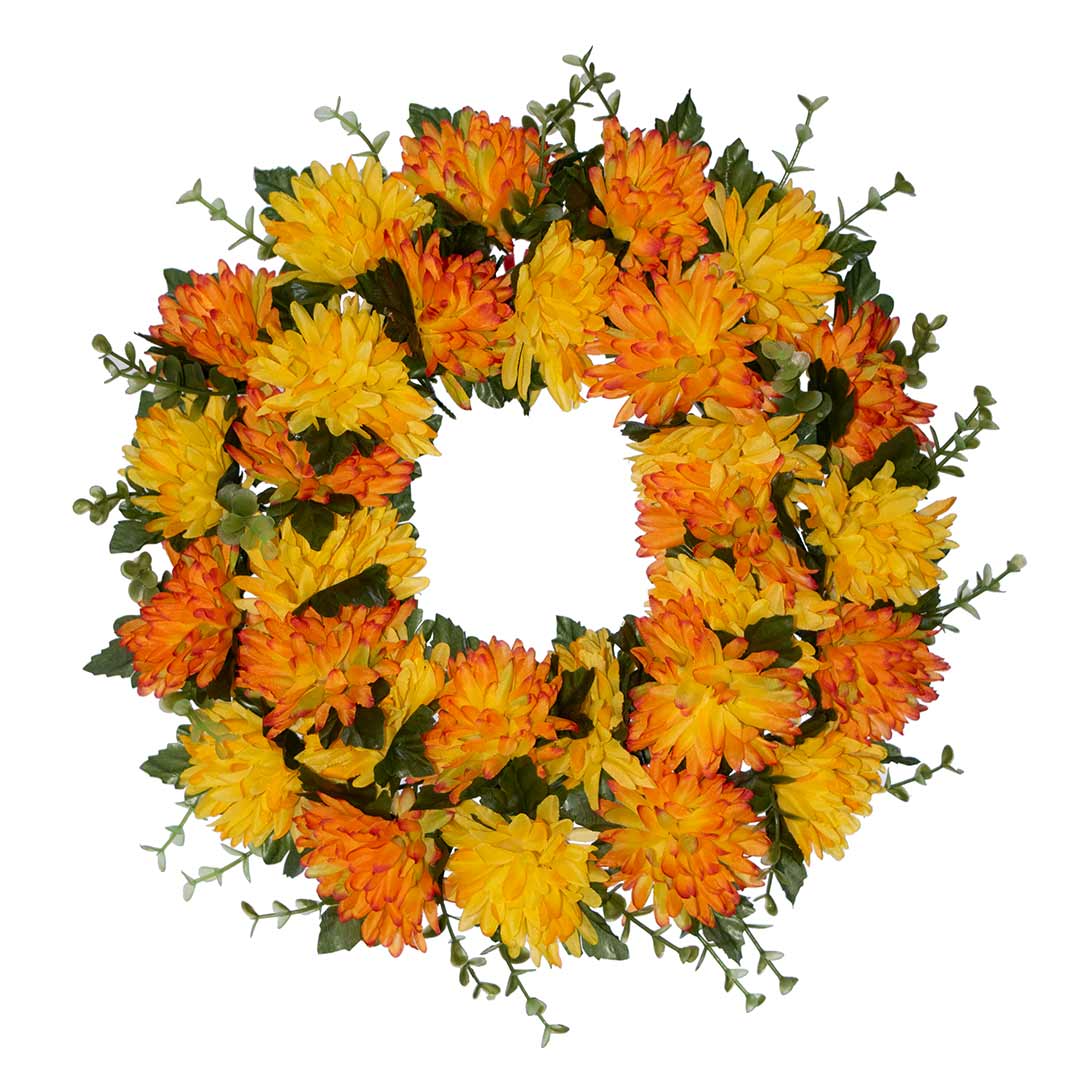 στεφάνι με ψεύτικα λουλούδια από κίτρινα και πορτοκαλί Χρυσάνθεμα σε πλαστική βάση