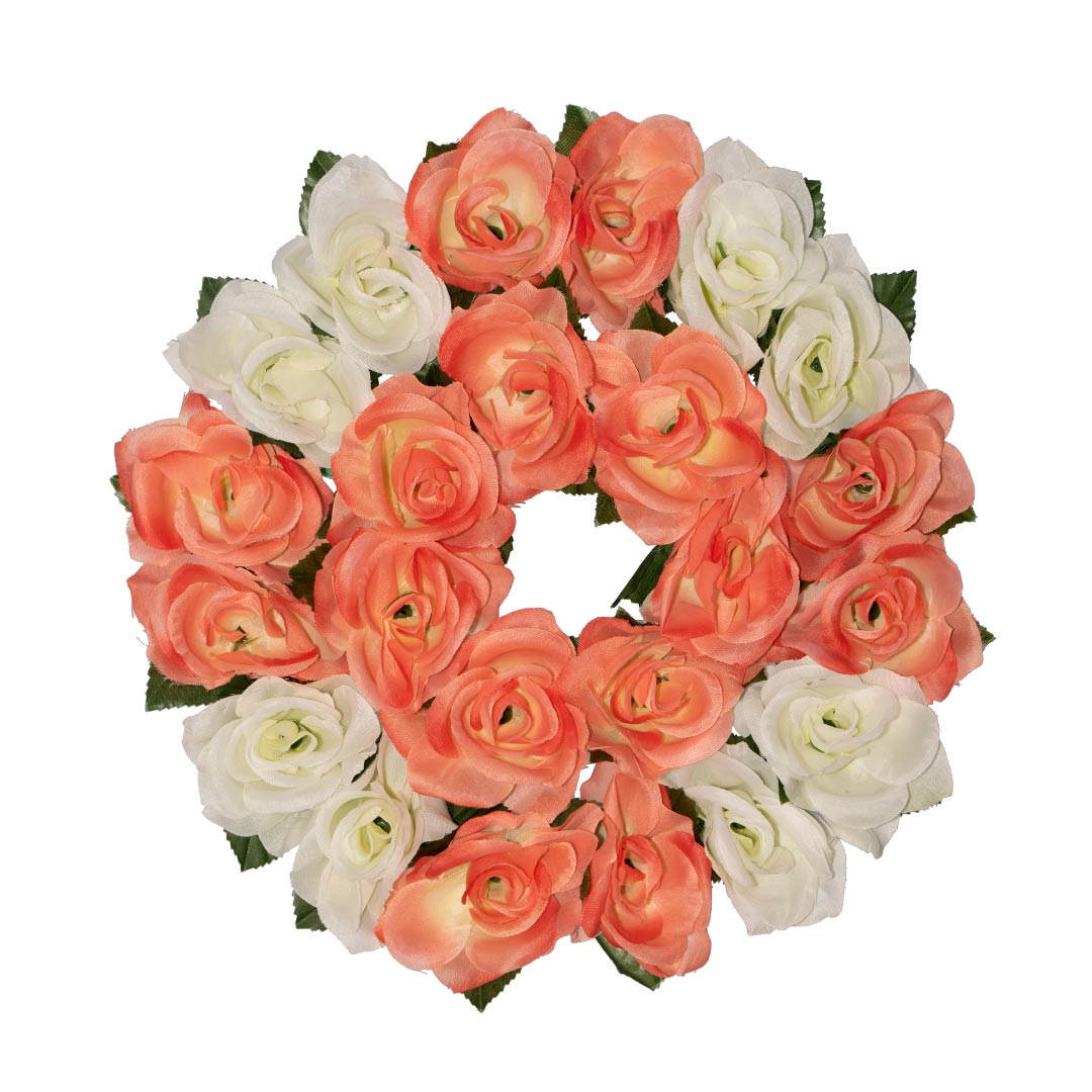 Στεφάνι για μνήμα με τεχνητά άνθη από σομόν και άσπρο Τριαντάφυλλο